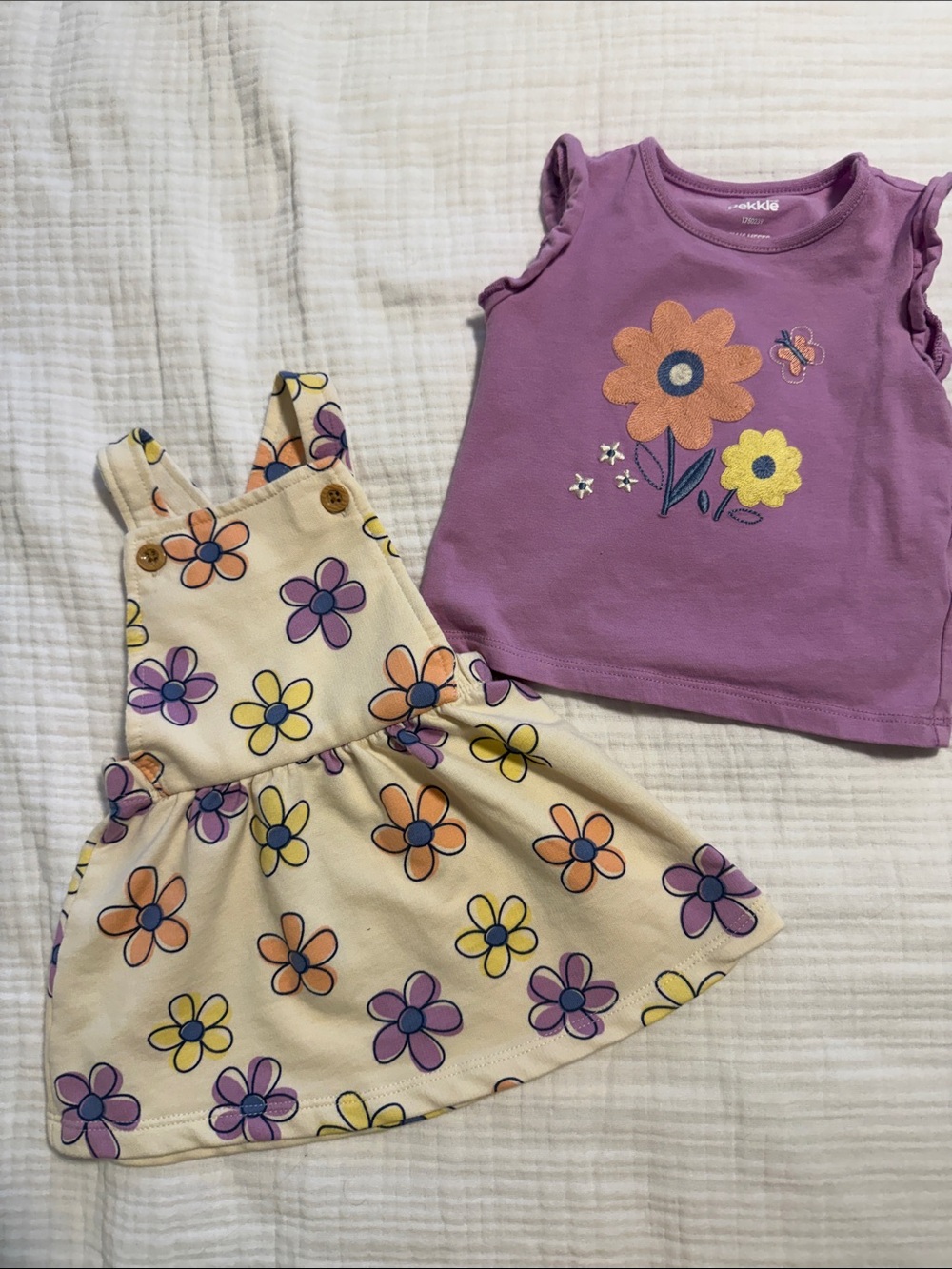 Purple Floral Top & Cream Floral Pinafore Dress Set for Kids